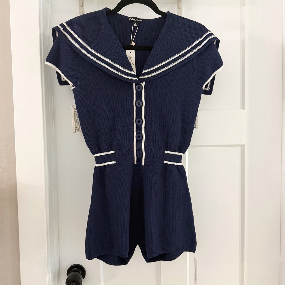 For Love &Lemons Naomi Knit Romper Navy Blue Sailor Collar S Nautical Preppy NWT
